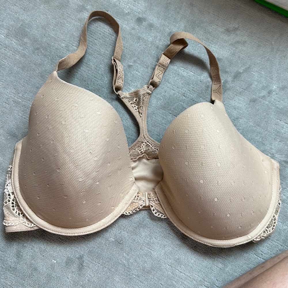 DKNY lace design racer back bra in size 34D, nude color. Worn once, almost new!
